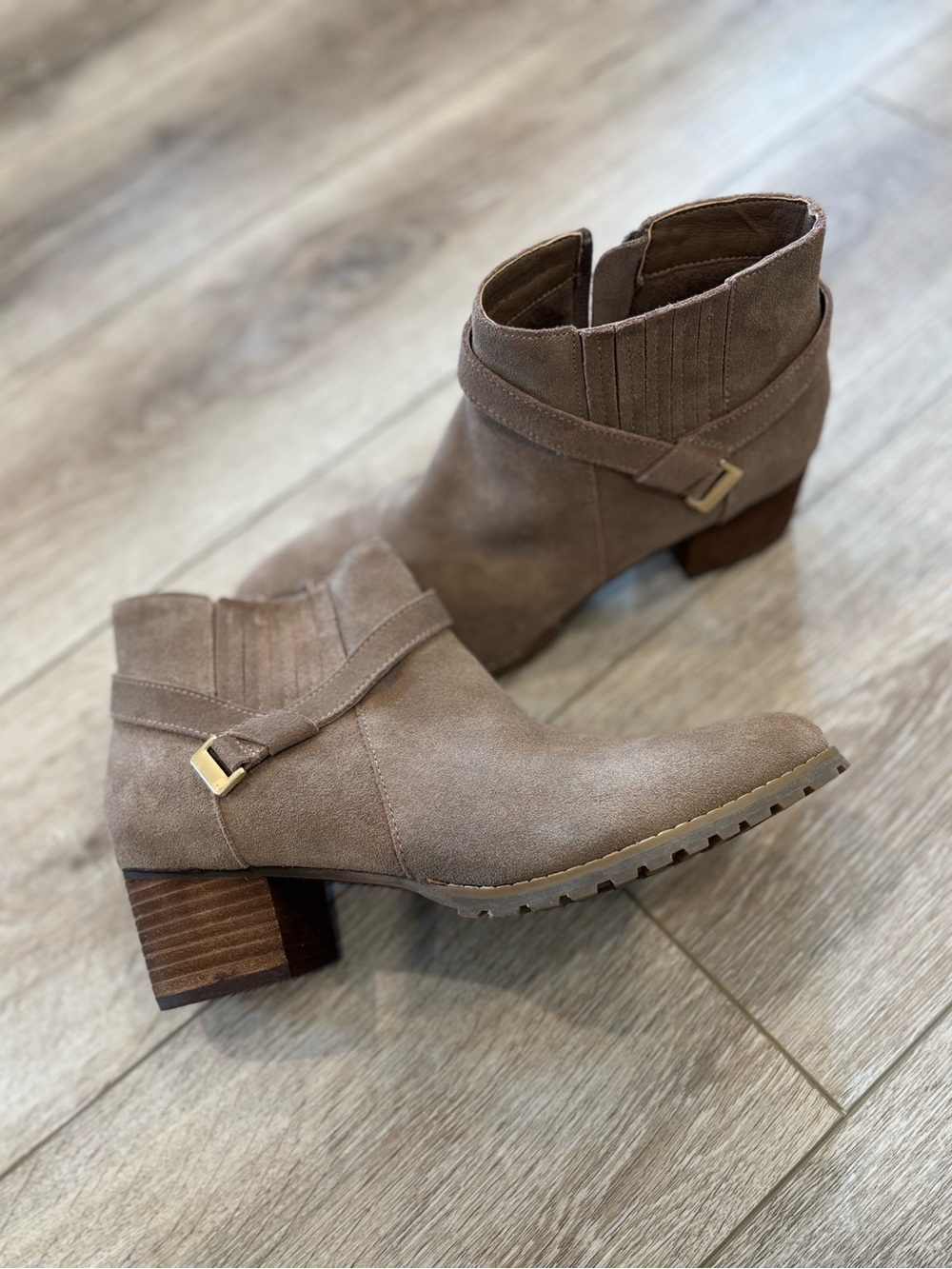 Crown Vintage Taupe Suede Ankle Boots with Strap Detail
